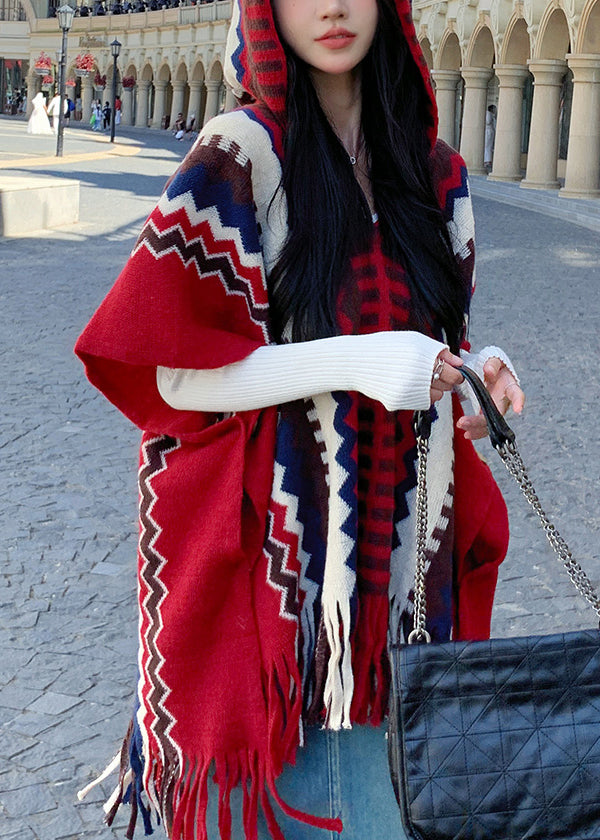 Style Red Hooded Cape Style Shawl Coat