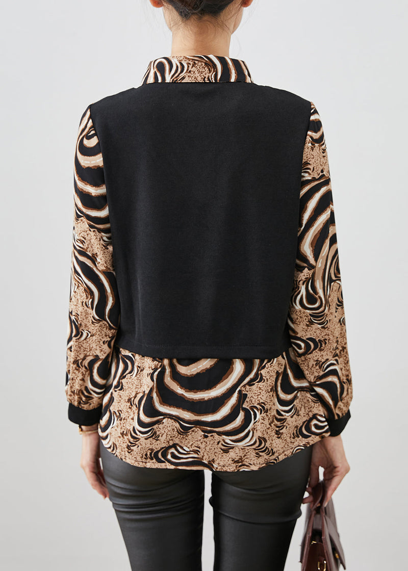 Leopard Print Patchwork Cotton Fake Two Piece Shirt Top Fall