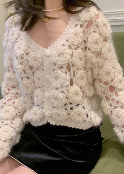 Beige Button Hollow Out Cotton Knit Coats Spring