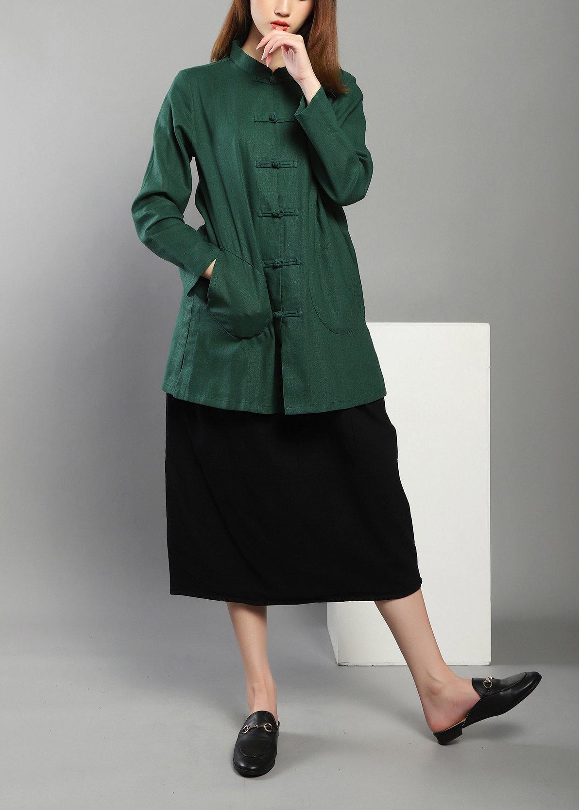 Green Low High Design Chinese Button Spring Shirt Tops