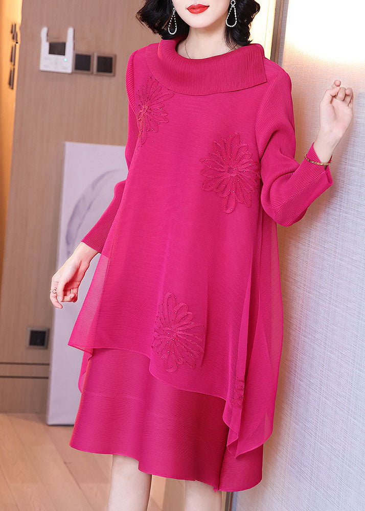 Rose Asymmetrical Patchwork Nail Bead Tulle Vacation Long Dresses Long Sleeve