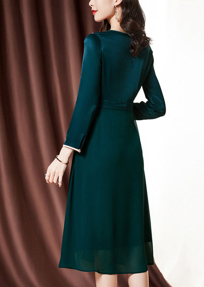 Fitted Blackish Green O-neck Patchwork Chiffon Cinch Dress Bracelet Sleeve