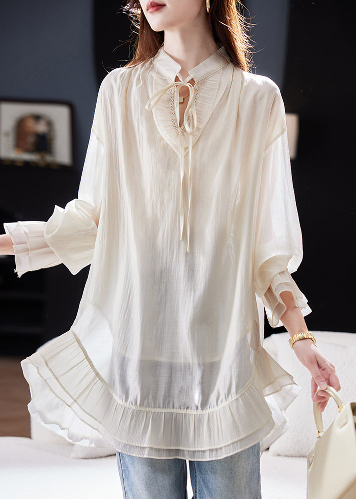 Apricot Patchwork Tie Lace Apricot Chiffon Shirt Flare Sleeve