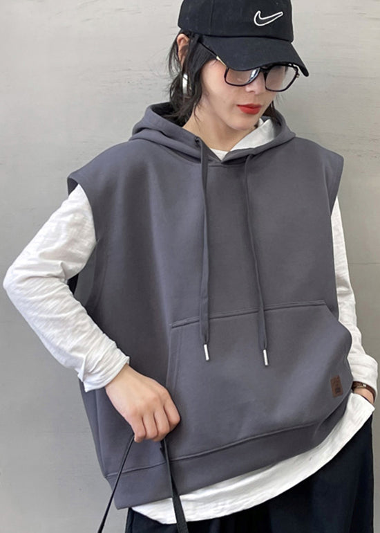 Modern Grey Drawstring Cotton Pullover Vest Sleeveless