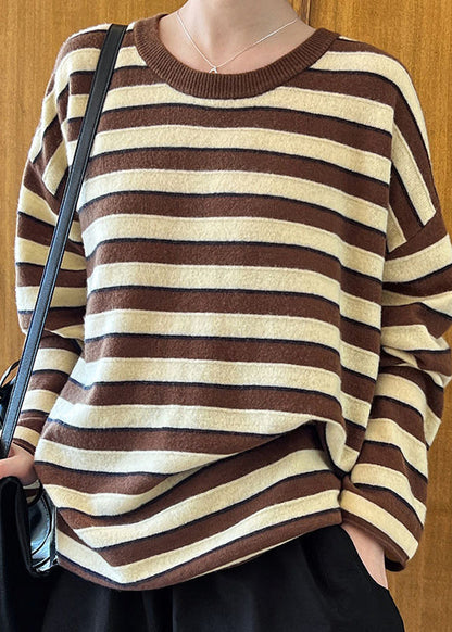 Coffee O-neck Striped Woolen Top Long Sleeve