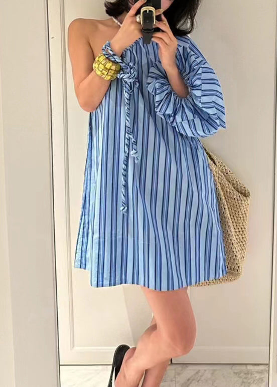 Blue Asymmetrical Striped Cotton Mid Dress Long Sleeve