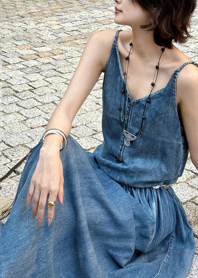 Organic Denim Blue V Neck Pockets Patchwork Long Spaghetti Strap Dress Sleeveless