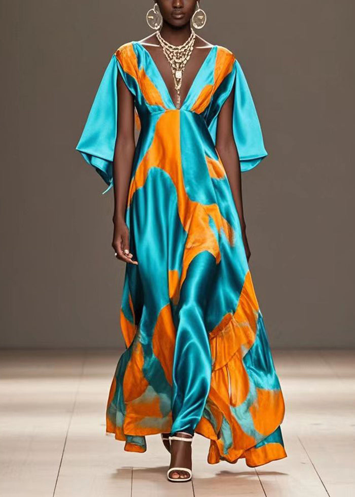 Green V Neck Print Silk Holiday Dress Cloak Sleeves