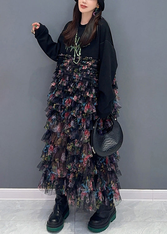 Black Print Chiffon Patchwork Dresses Long Sleeve