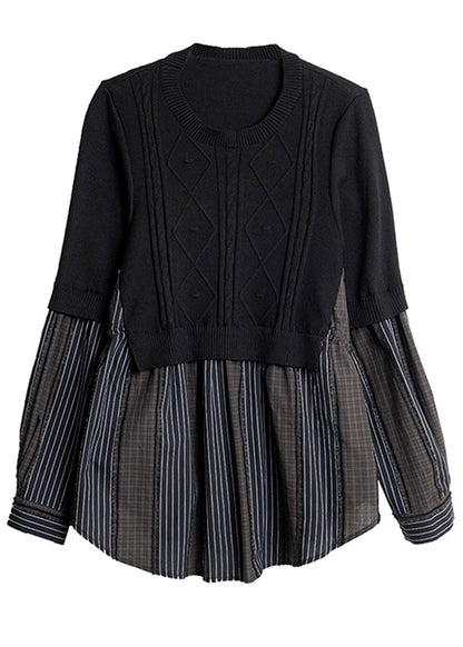 Black O-neck Fake Two Pieces Cotton Knit Patchwork Top Spring