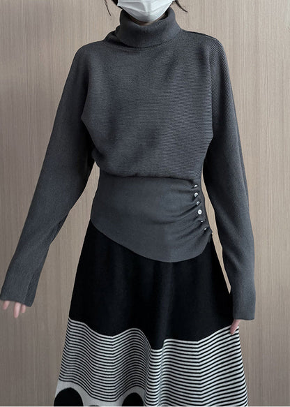 Grey Turtle Neck Asymmetrical Design Knit Pullover Winter