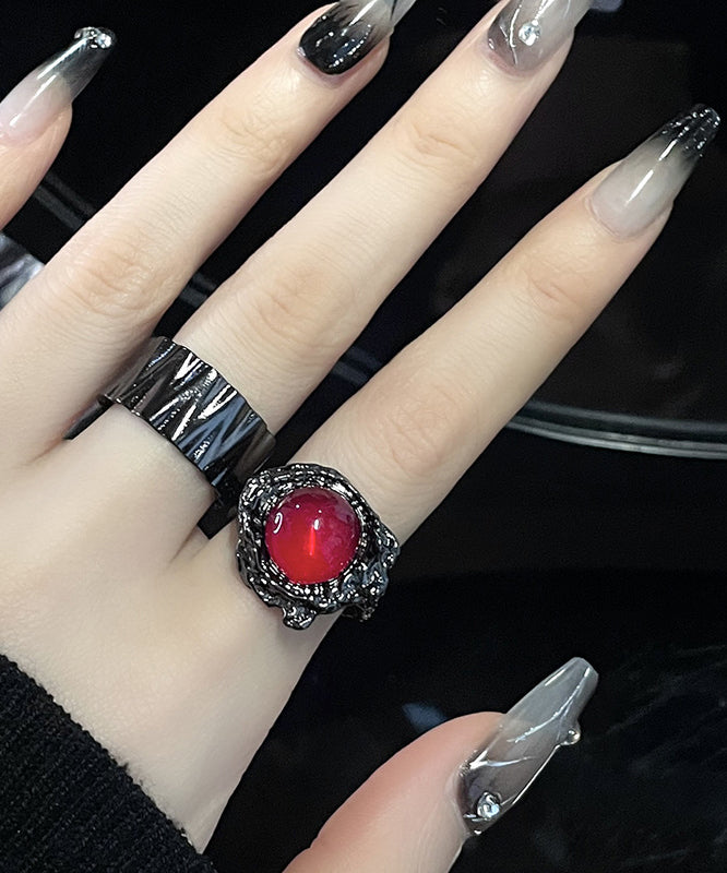 Retro Black Metal Gem Stone Rings Two Piece Set