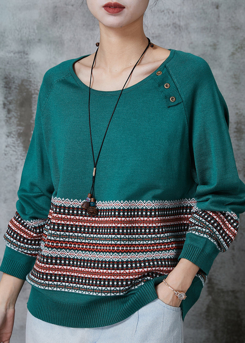 Handmade Green O-neck Striped Knit Sweaters Spring