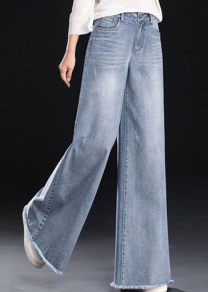 Light Blue Tasseled Denim Straight Pants Summer