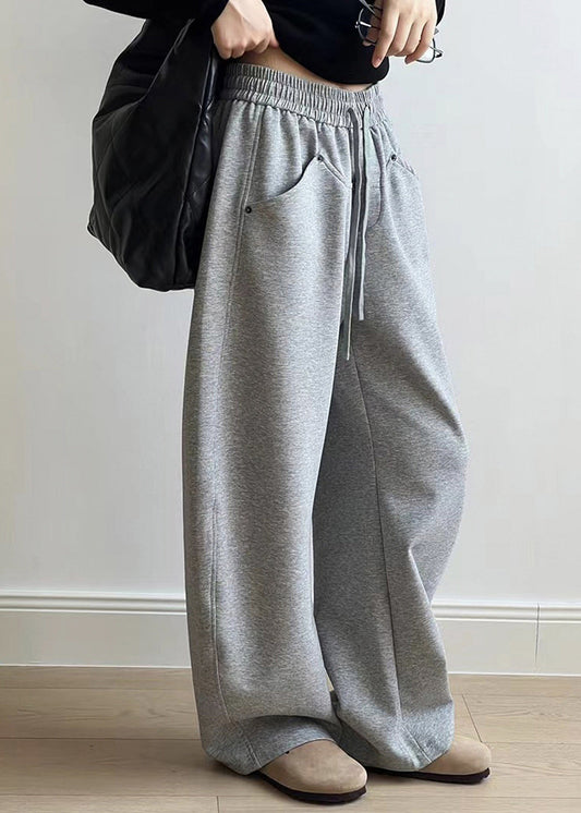 Grey Pockets Drawstring Elastic Waist Cotton Pants Spring