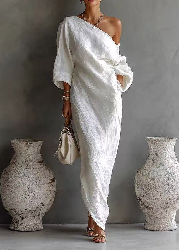 White Asymmetrical One Shoulder Maxi Dresses Fall