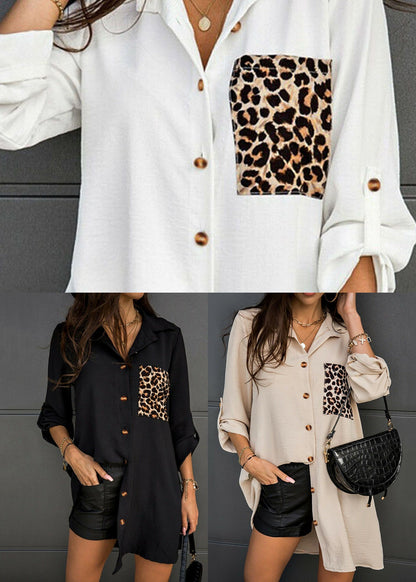 Black Peter Pan Collar Leopard Print Cotton Blouse Tops Long Sleeve
