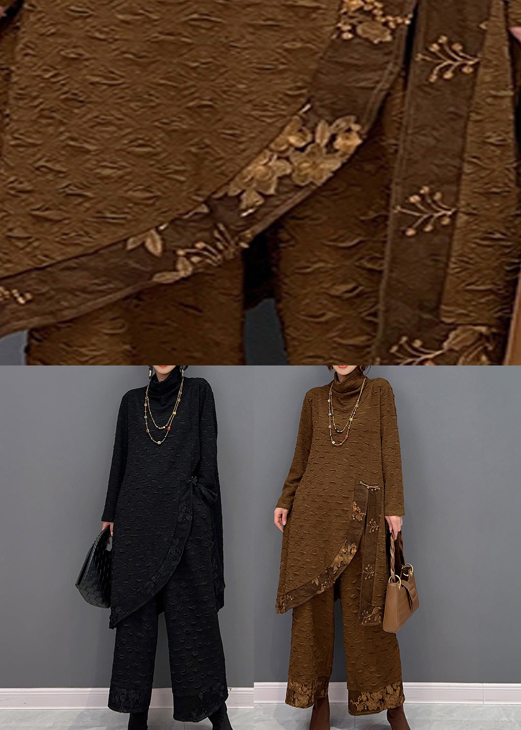 Chocolate Turtleneck Print Top and Pants Two Pieces Set Spring