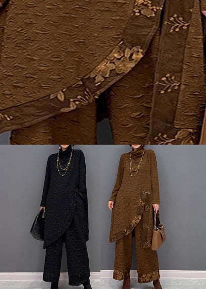Chocolate Turtleneck Print Top and Pants Two Pieces Set Spring