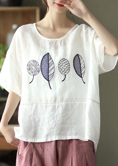 French Red Summer O-neck Embroideried Linen Half Sleeve T Shirt