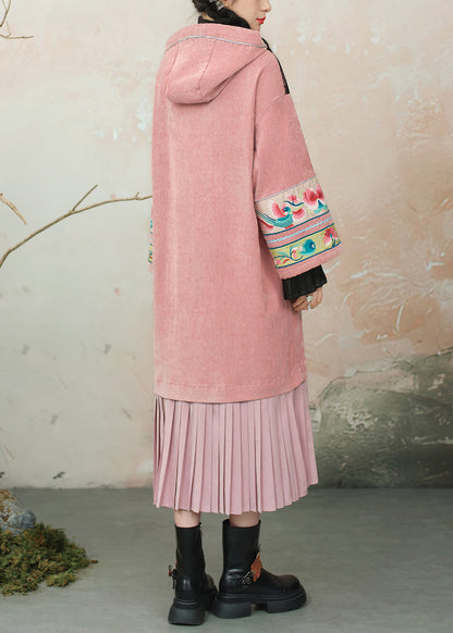 Original Design Pink Hooded Embroidered Patchwork Chenille Dresses Spring