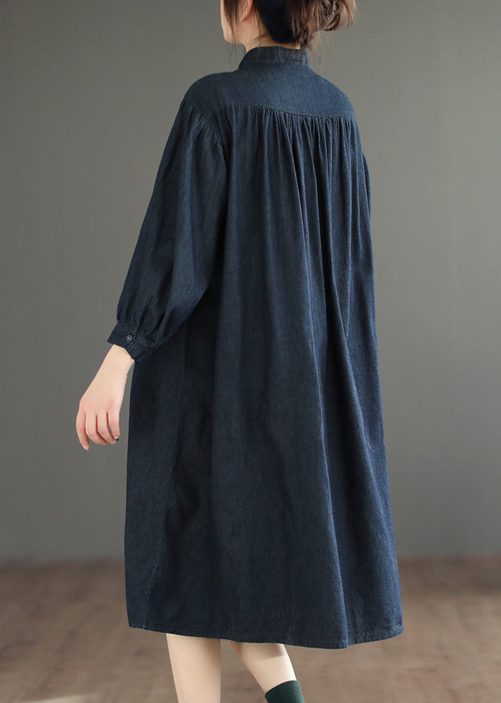 Navy Button Denim Blouses Dresses O Neck Long Sleeve