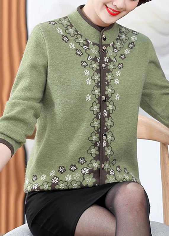 Green Print Cotton Knit Coats Long Sleeve Winter