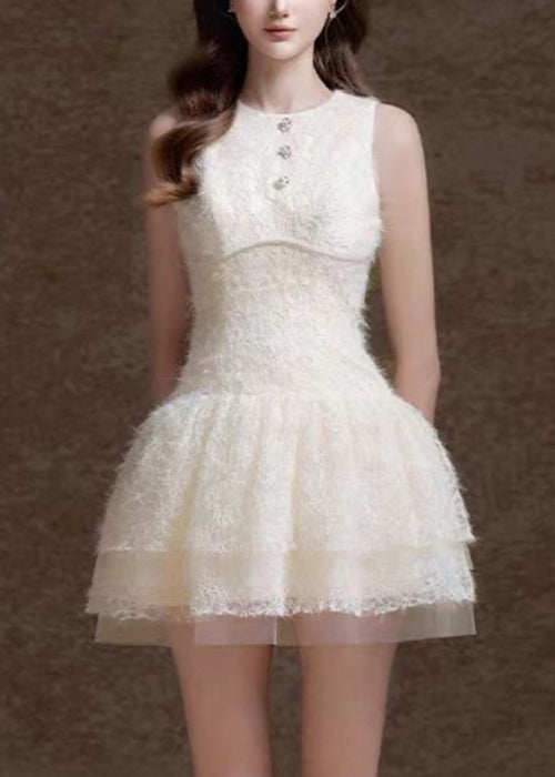 White O Neck Sequins Tulle Mid Dress Sleeveless