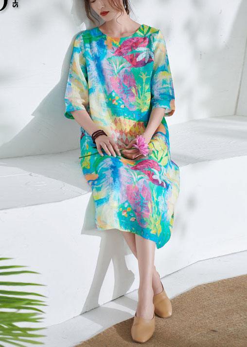 Comfy Blue O-neck Patchwork Print Summer Ramie Party Dress