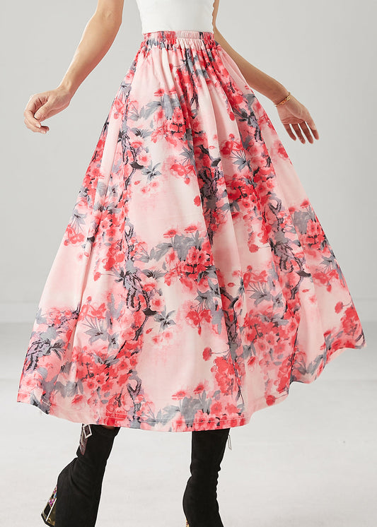Pink Plum Blossom Print Cotton a Line Skirts Spring