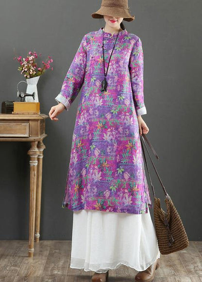 Stand Collar Chinese Button Spring Outfit Catwalk Purple Print Maxi Dresses