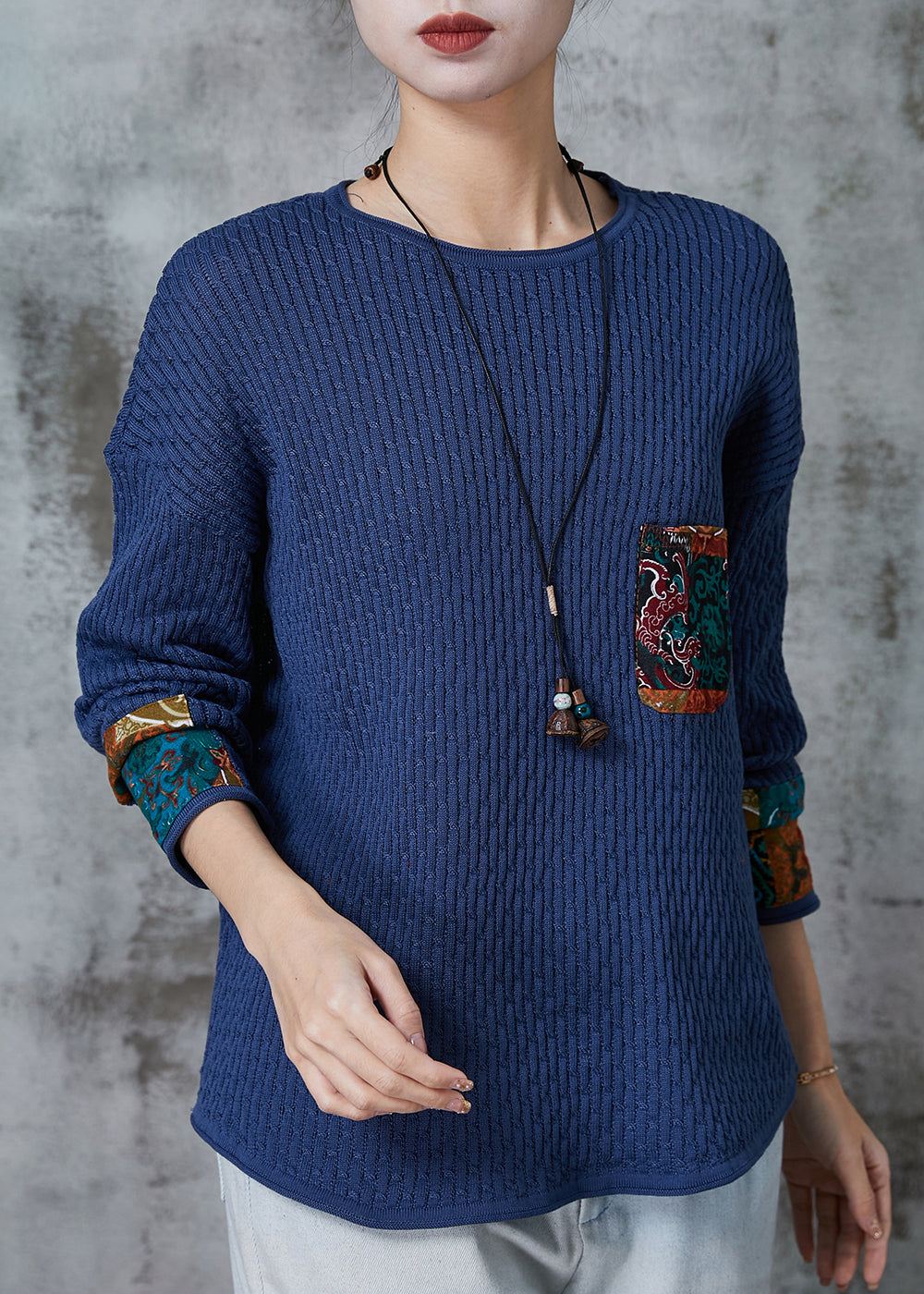 Blue Oversized Patchwork Pocket Knit Sweater Spring