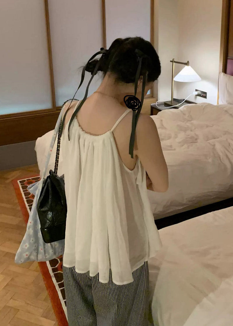Sweet White Wrinkled Lace Up Strap Tank Top Summer