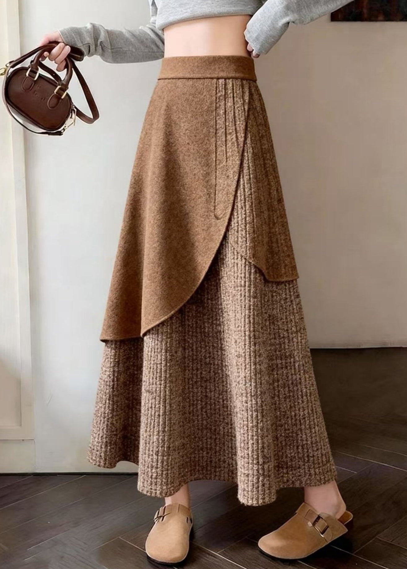 Coffee Asymmetrical Design Knit a Line Skirts Spring