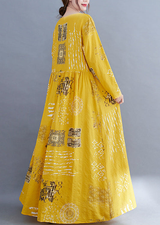 Yellow O-neck Wrinkled Print Cotton Loose Dress Long Sleeve