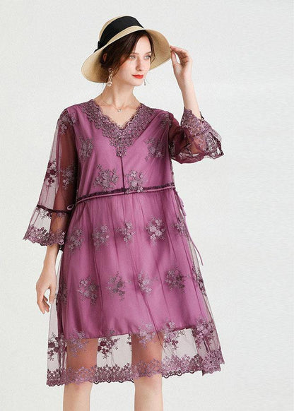 Fine Purple Tulle Embroideried Patchwork Spring Flare Sleeve Dress