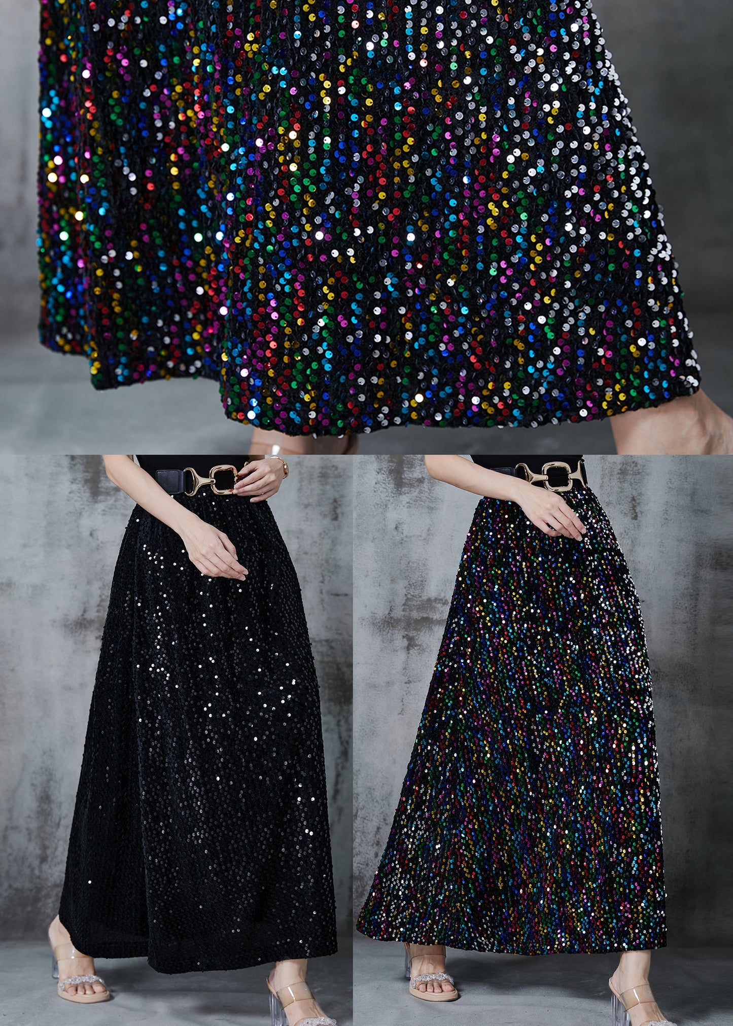 Stylish Black Sequins Cotton a Line Skirts Fall