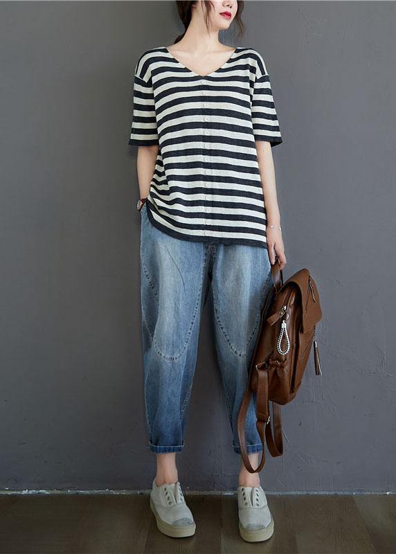 Black White Striped V Neck Button Top Summer