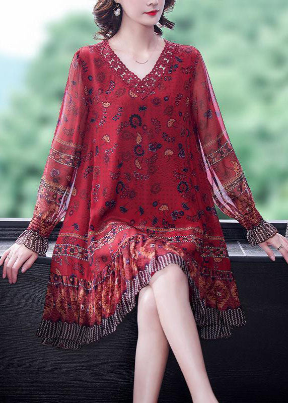 Modern Red V Neck Patchwork Ruffles Print Silk Dresses Long Sleeve Fall