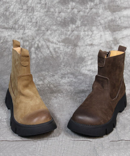 Khaki Boots Platform Zippered Cowhide Leather Boots