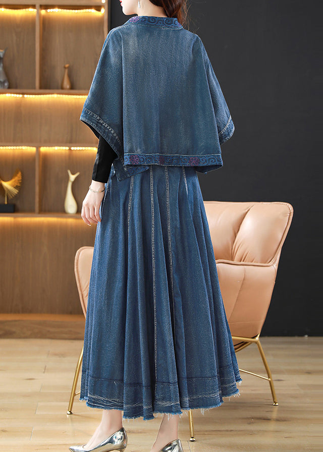 Blue Wrinkled Embroideried Patchwork Denim Three Pieces Set Fall
