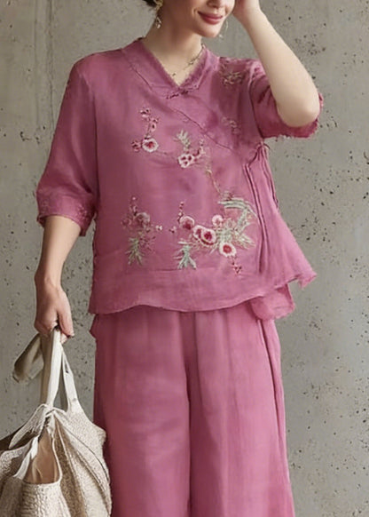 Rose Embroidered Tie Waist Top and Wide Leg Pants Two Pieces Set Half Sleeve