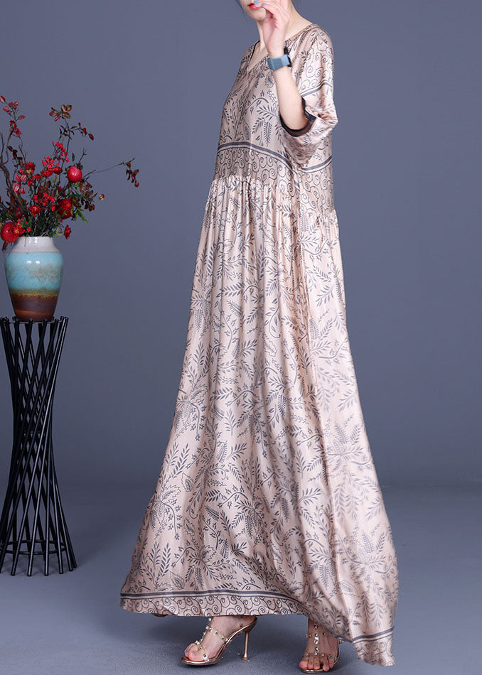 Pink V Neck Silk Maxi Dress Half Sleeve