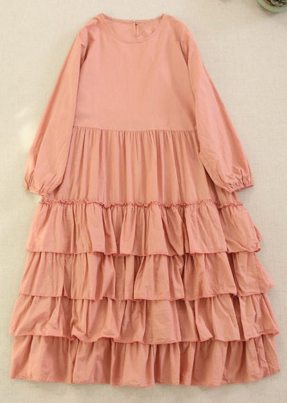 Classy Pink O-neck Ruffled Cotton Long Dress Long Sleeve
