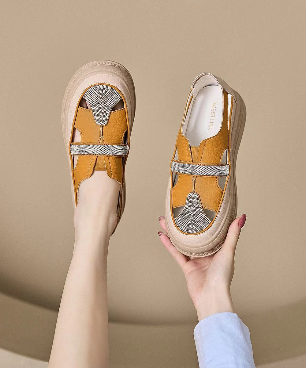 Zircon Splicing Hollow Out Platform Walking Sandals Yellow