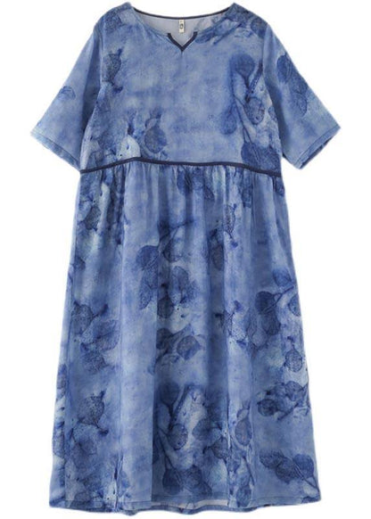 Blue Print Pockets Holiday Summer Linen Dress