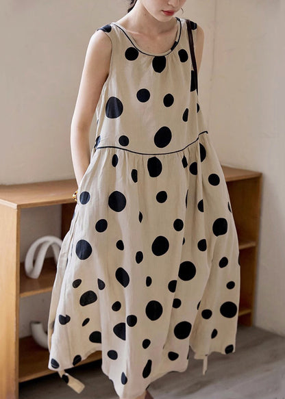 Khaki Dot Pockets Tie Waist Cotton Long Dress Sleeveless Summer