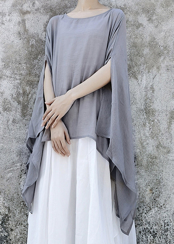 Simple Grey Asymmetrical Design Linen Tops Batwing Sleeve