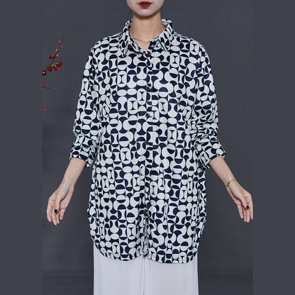 French Black Oversized Print Chiffon Shirt Tops Summer