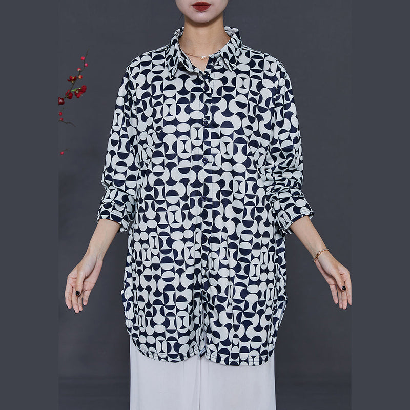 French Black Oversized Print Chiffon Shirt Tops Summer